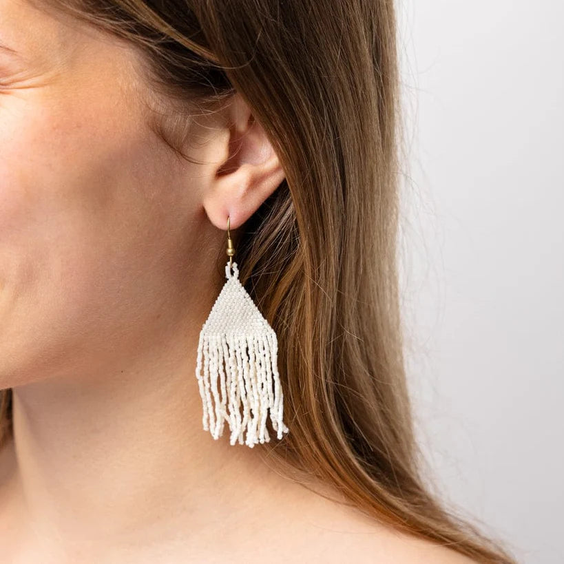 Lexie Solid Beaded Fringe Earrings in Cream